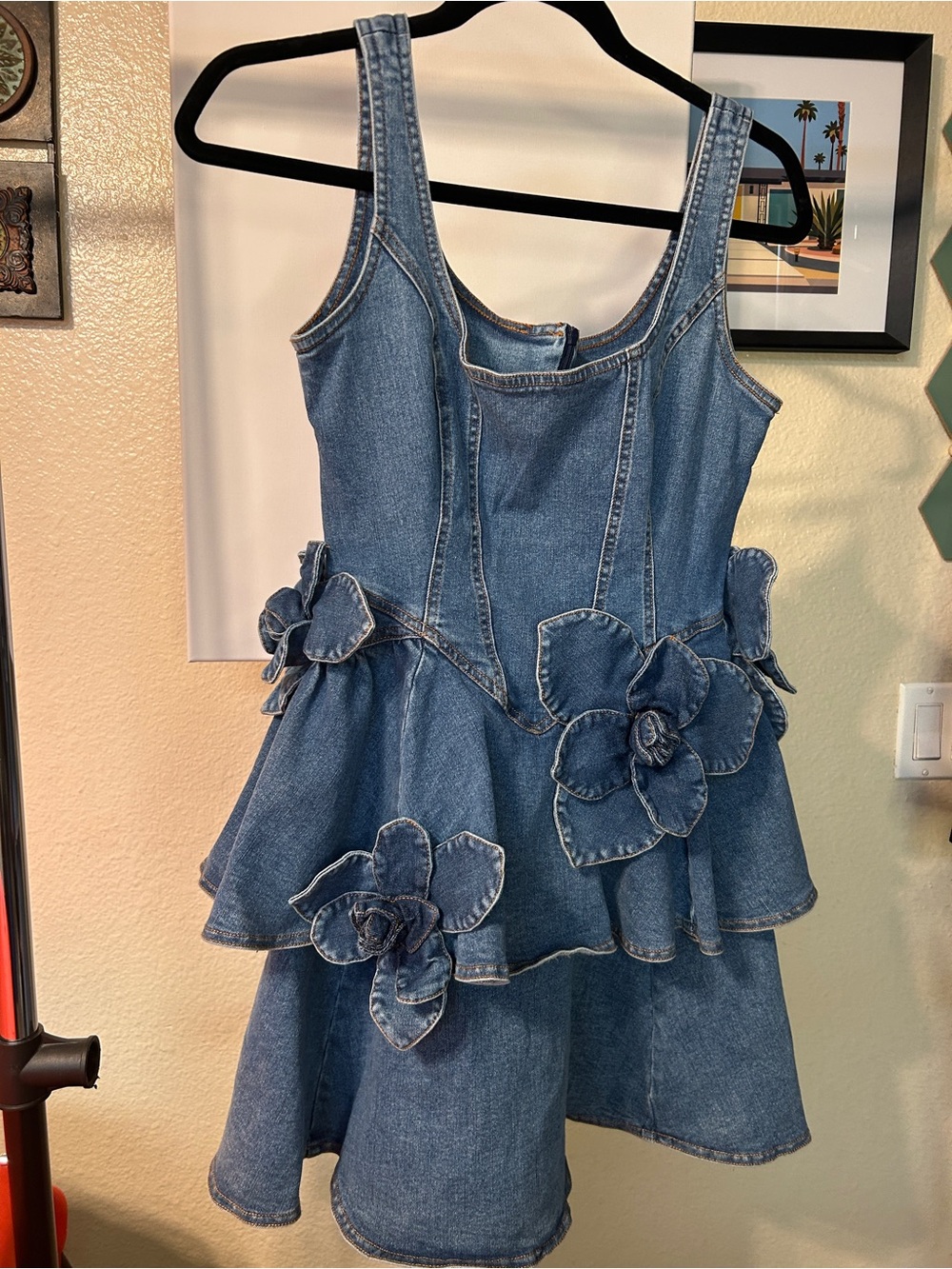 Denim Floral Appliqué Tiered Mini Dress - Blue #Western #Cowgirl - Picture 1 of 5